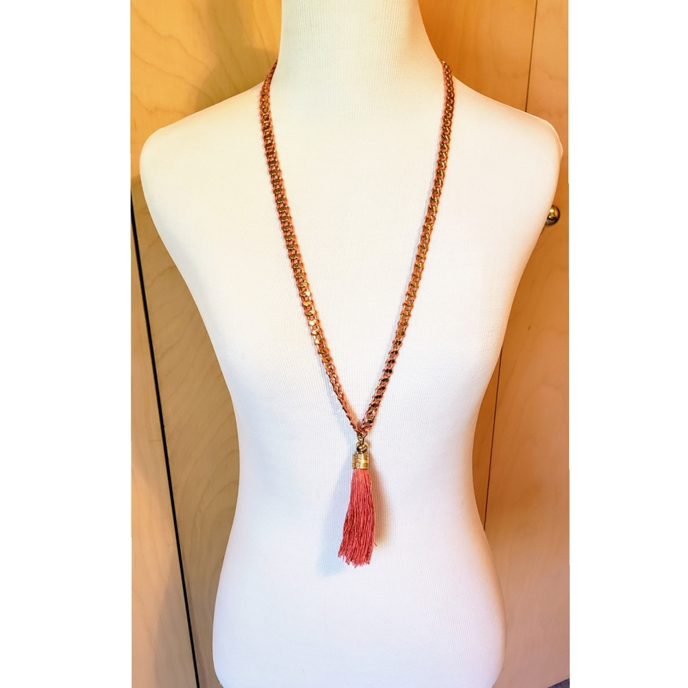 BCBG Women's Long Gold/Pink Tassel Necklace